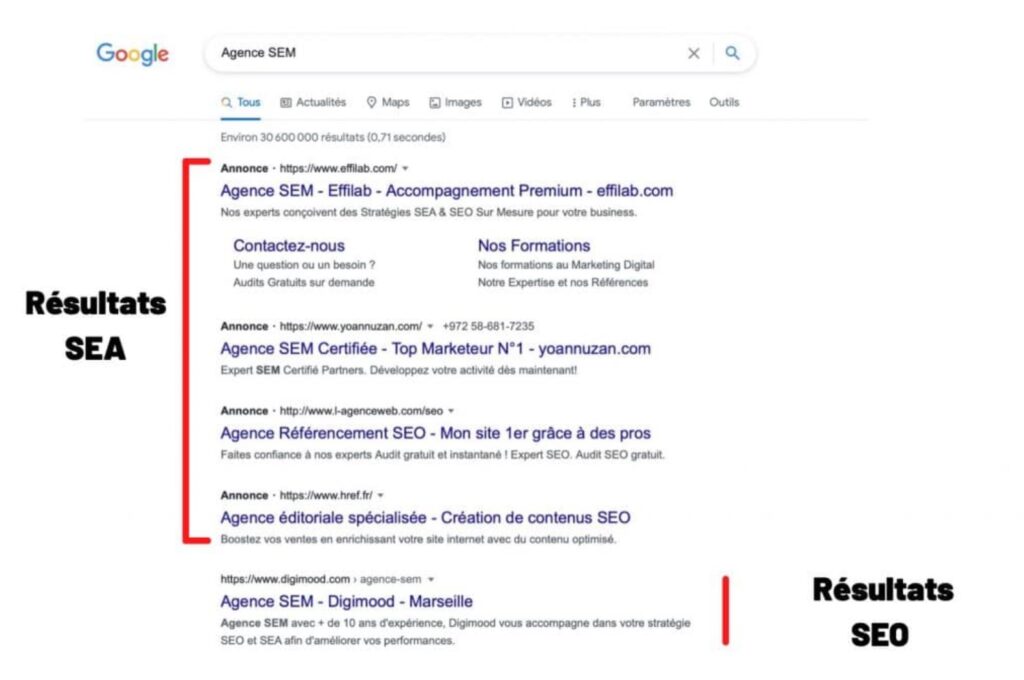 Exemple de résultats SEO et SEA